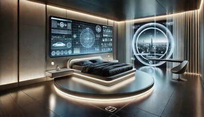 A futuristic bedroom design featuring sleek minimalist furniture with advanced technology.
