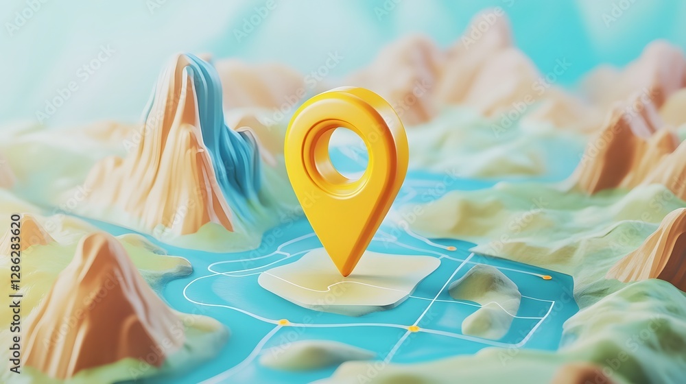Poster Positioning Marker on Digital Geographic Landscape with Mountains  Concept of and destination planning using map and GPS technology