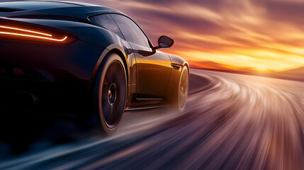 A sleek black sports car speeds along a winding road at sunset, capturing the thrill of motion and vibrant colors in the sky.