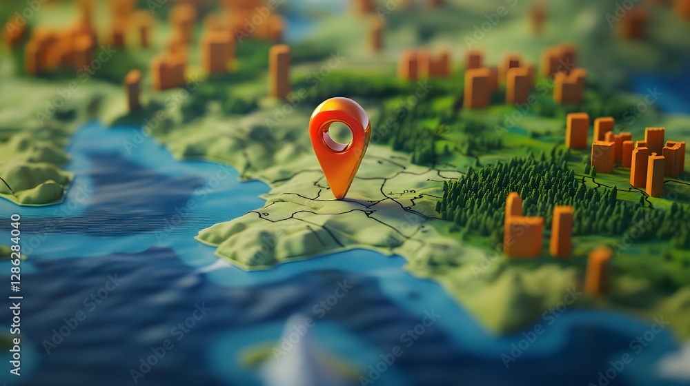 Aufkleber red location pin marker on a detailed digital 3d rendering of a topographical map showcasing a sceni