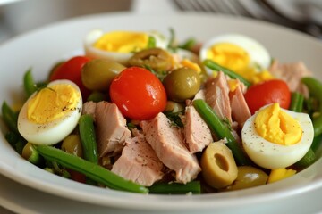 Fresh French Salad Nicoise with Tuna and Egg on a Plate Garnished with Green Beans and Cherry Tomatoes