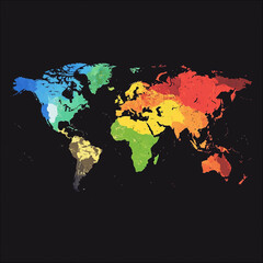 World map in vibrant colors showcasing diverse continents and regions against a black background