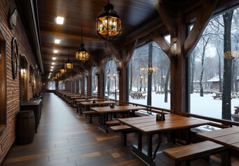 Fototapeta premium Long wooden hallway restaurant interior with large windows overlooking a snowy winter park. Warm lighting, rustic decor, and wooden tables and