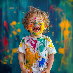 Joyful child covered in colorful paint during playful art session indoors