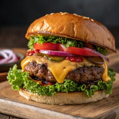 A close-up of a burger with a juicy beef patty, cheese, and fresh vegetables.
