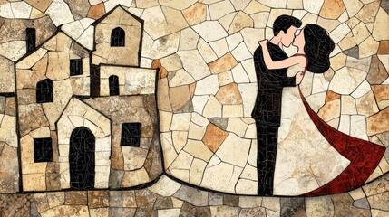 Romantic mosaic artwork depicting a couple kissing near stone buildings. The artwork uses earth tones and red accents, creating a warm and inviting