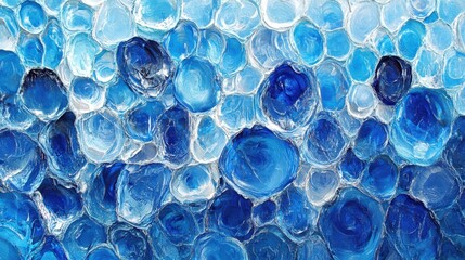 A detailed close-up view of a vibrant painting featuring blue glass pebbles, showcasing their intricate textures and reflections.