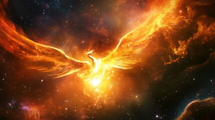 Obraz premium A radiant celestial phoenix rises from the remnants of a dying supernova, igniting the cosmos