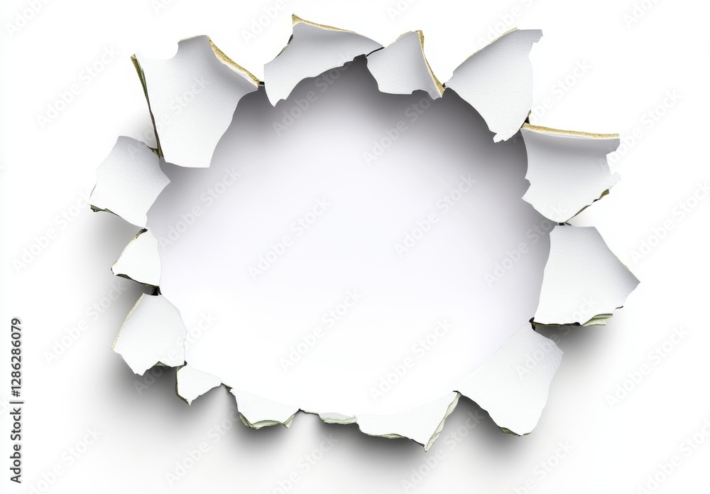 Poster white paper with a hole ripped in the center, creating a circular opening. the edges of the tear are