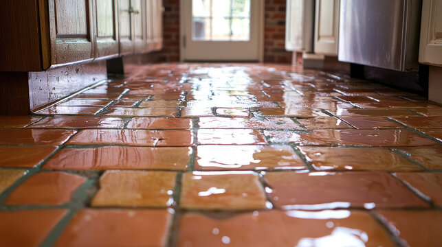 view of kitchen floor showcases wet terracotta tiles, reflecting light beautifully