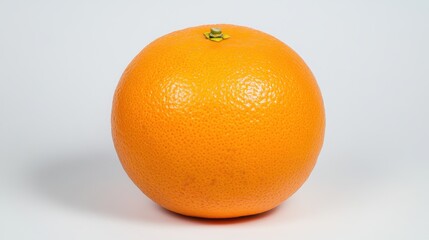Single ripe orange fruit on a white background. The orange is round, vibrant in color, and shows fine textural detail. Studio lighting creates a