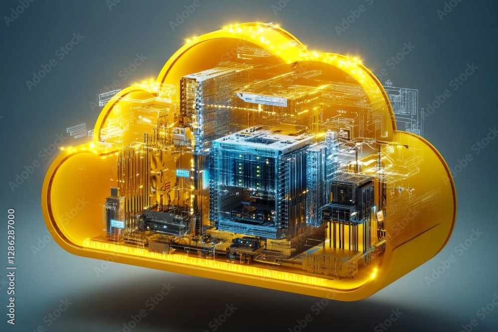 Poster cloud server architecture: a futuristic inside look - modern technology, data storage, infrastructur