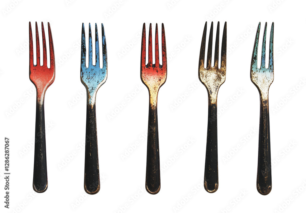 Poster colorful metallic forks in a row with distressed texture on transparent background