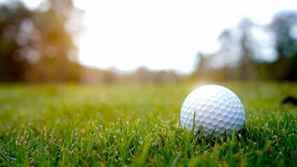Golf ball is on a green lawn in a beautiful golf course with morning sunshine.