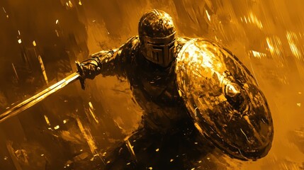 A soldier in battle, with blurred movements creating a sense of action. Wearing helmets and armor and their swords held high while carrying shields
