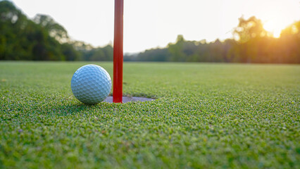 Golf ball on green grass in the evening golf course with sunshine background.