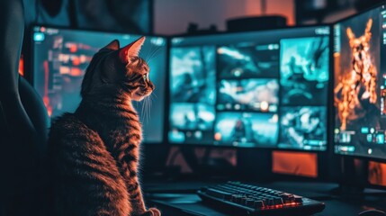 Bengal Cat Observing Gaming Setup Screens