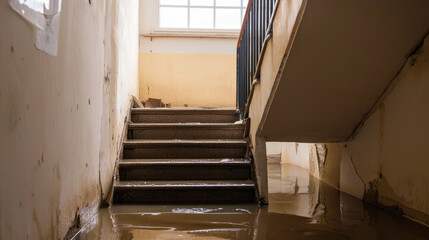 Flooded basement with staircase and water damage, showing decay and neglect