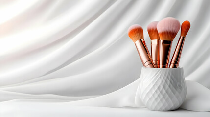 A stylish arrangement of makeup brushes in a modern holder against a soft white backdrop, perfect for beauty enthusiasts.