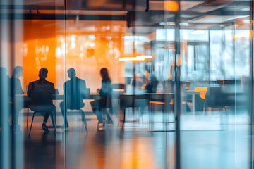 Abstract blur image of Business people walking at modern hallway with bokeh for background usage