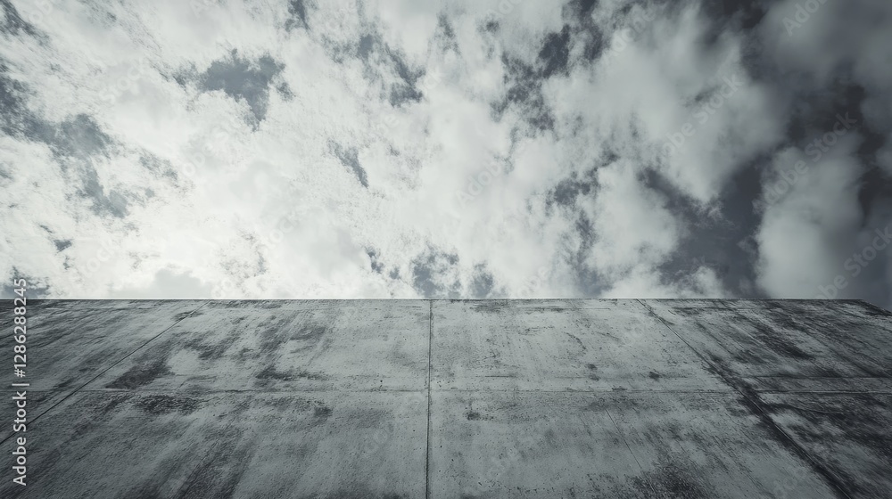 Poster concrete sky view - grey concrete surface viewed from below, showcasing a cloudy sky overhead. ideal