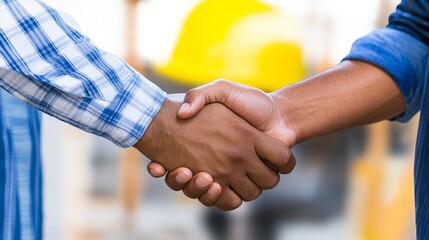 Construction Deal: Handshake and Blueprints - Partnership, construction, agreement, deal, success. Two people shake hands
