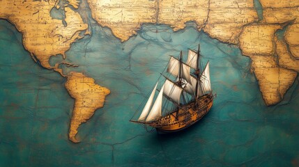Miniature caravel sailing the ocean on an ancient world map, evoking the age of exploration and seafaring adventures