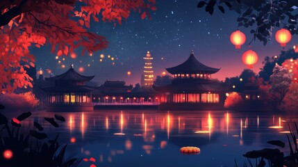 Fototapeta premium Tranquil mid-autumn festival night scene with glowing lanterns illuminating traditional chinese buildings by a serene lake