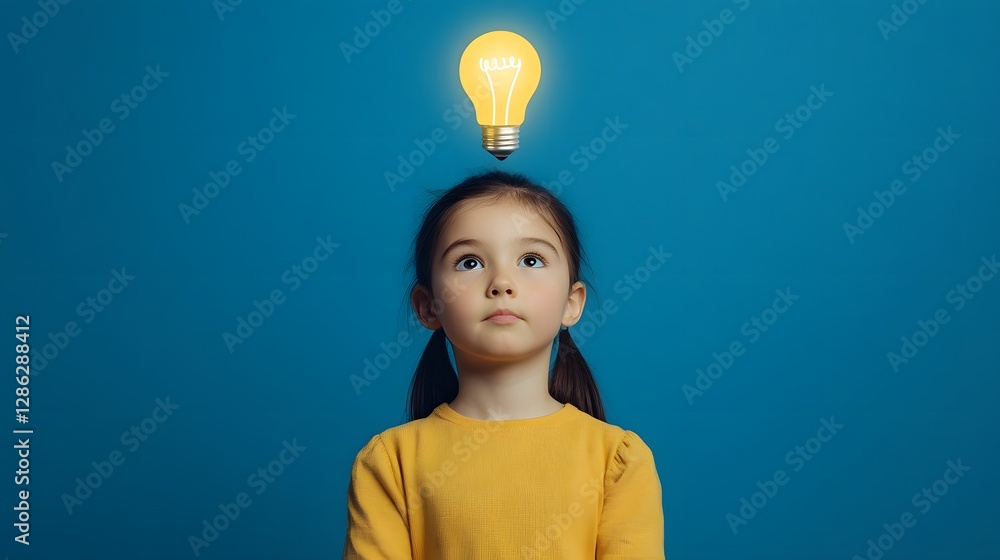 Poster curious child looking up with illuminated lightbulb symbolizing creative problem-solving