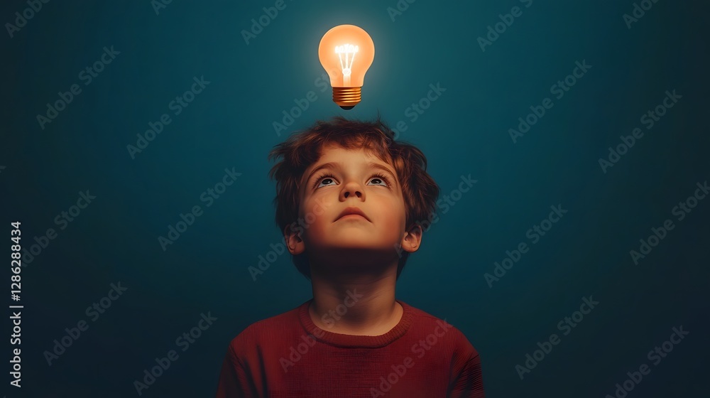 Poster curious child gazing at illuminated lightbulb symbol, representing creative problem-solving