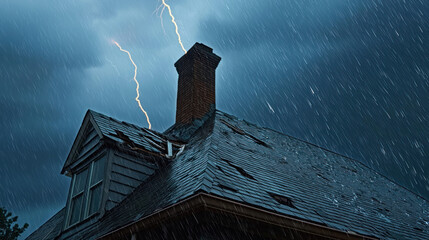 Old house roof during thunderstorm with lightning and heavy rain