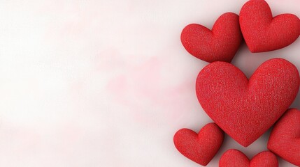 Obraz premium Red glitter hearts on a pink background. Romantic Valentine's Day theme. Copy space available
