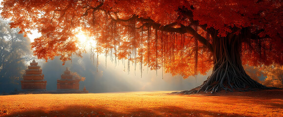Autumnal Landscape With Large Tree And Buildings