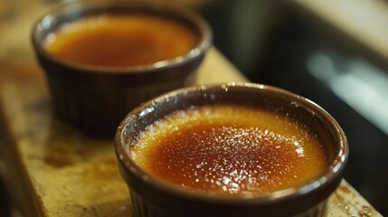 Creamy Caramel Custard Dessert - Two small ramekins of rich, creamy caramel custard dessert, beautifully caramelized tops