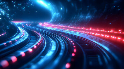 Fototapeta premium A vibrant, futuristic tunnel with glowing blue and red lights, representing high-speed travel and advanced technology.