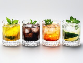 Culinary craft beverages showcase elegant tabletop setting drink photography soft dim light artistic display of colorful cocktails