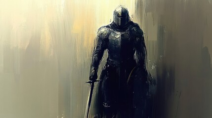 A soldier in battle, with blurred movements creating a sense of action. Wearing helmets and armor and their swords held high while carrying shields
