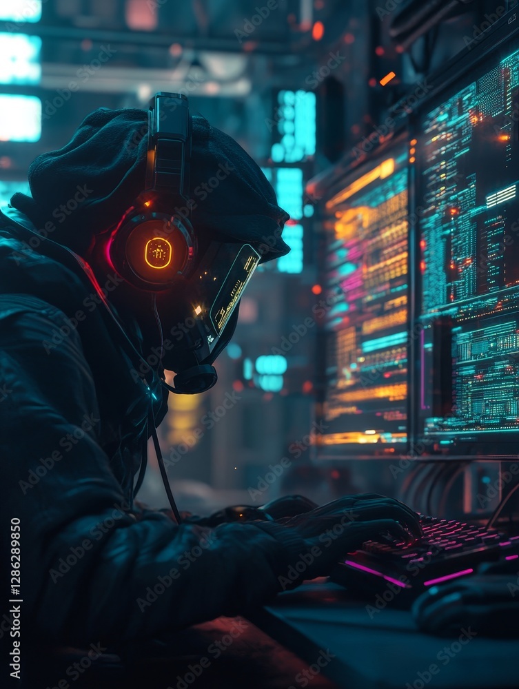 Poster cybernetic coder at night - a hooded figure wearing a futuristic headset intensely works on code dis
