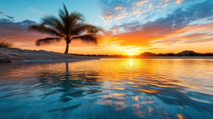 A serene sunset view over calm waters, featuring a solitary palm tree and vibrant orange and blue colors in the sky, creating an atmosphere of peace and tranquility.