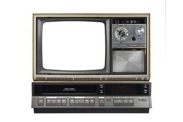 Old black vintage TV with white screen and VCR from 1980s, 1990s, 2000s isolated on white...