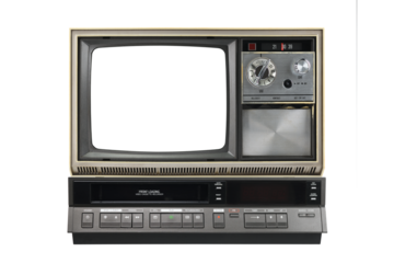 Old black vintage TV with white screen and VCR from 1980s, 1990s, 2000s isolated on white background.
