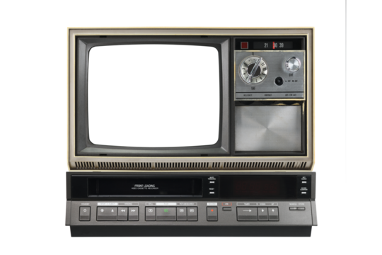 Old black vintage TV with white screen and VCR from 1980s, 1990s, 2000s isolated on white background.
