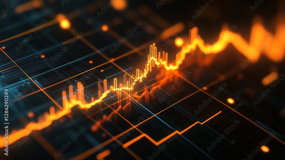 Poster data growth visualization - abstract glowing orange graph line on dark grid background, showing data
