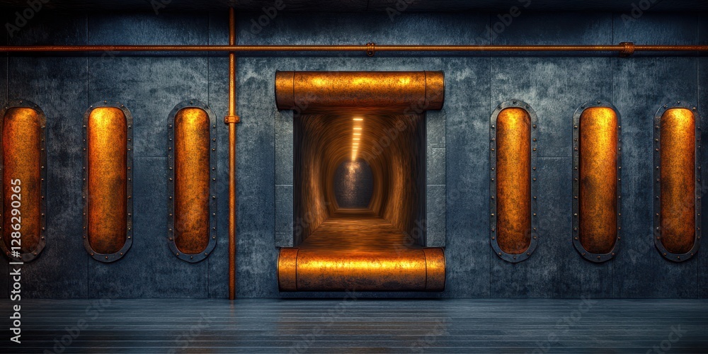Poster a room features a single door along with multiple pipes running along the walls and ceiling, creatin