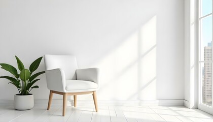 Empty white room with a white chair, a plant, and a flower pot, white floor, and white walls