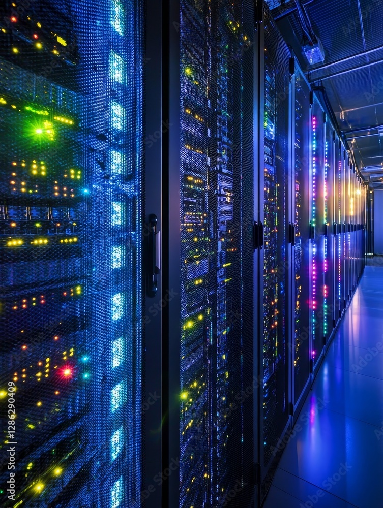 Poster data center server room infrastructure - rows of illuminated servers in a modern data center, showca
