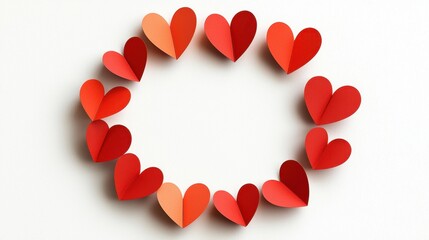 Red and orange paper hearts arranged in a circle on a white background. Romantic, Valentine's Day theme. Ideal for greeting cards or romantic