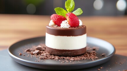 Delicious Chocolate Raspberry Dessert - A delectable layered dessert featuring chocolate, creamy white filling, and fresh raspberries, elegantly presented on a dark plate