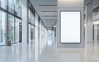 Empty white advertising screen in office building lobby; tall vertical OOH billboard