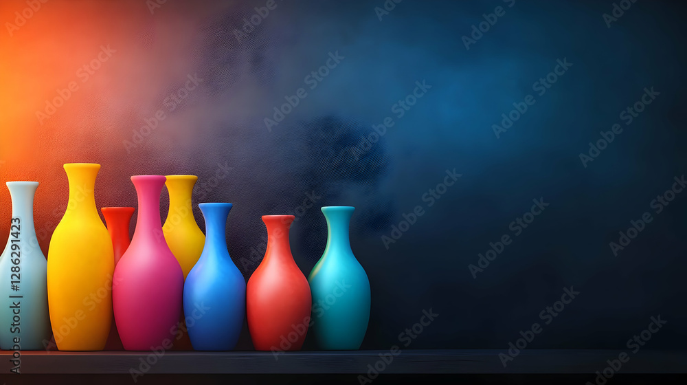 Poster a vibrant display of colorful vases against a dark background, creating a striking contrast and a li